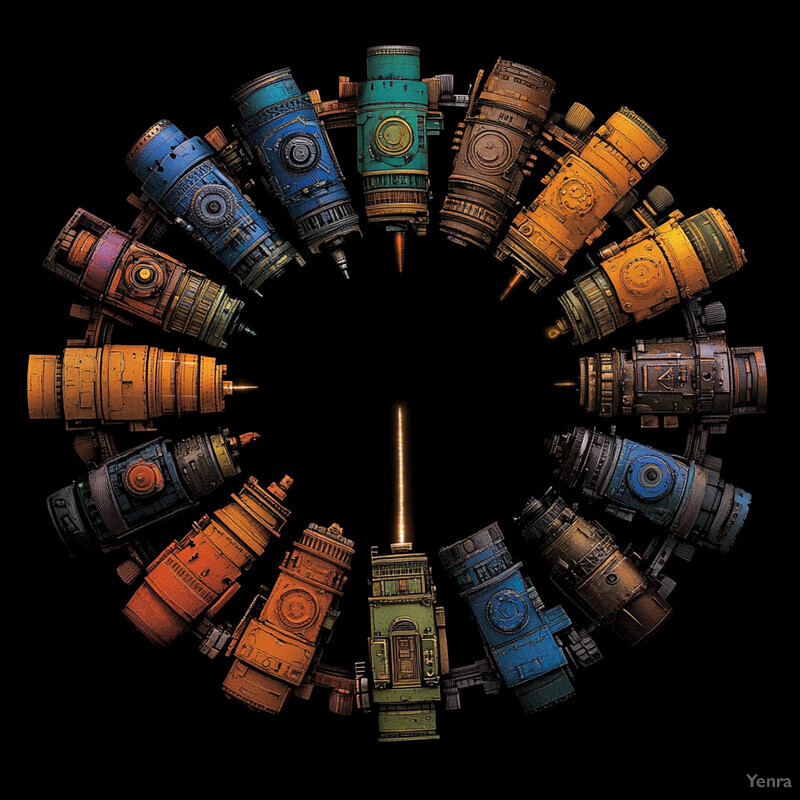 A collection of cylindrical objects with mechanical components and varying colors against a black backdrop.