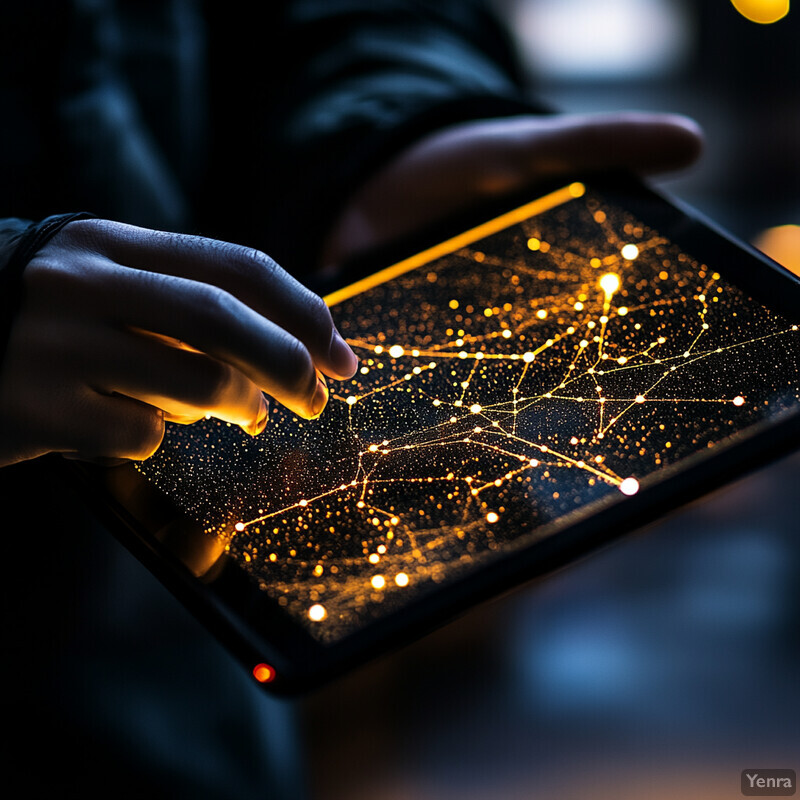 A person is using a tablet to explore astronomy apps in a dark room.