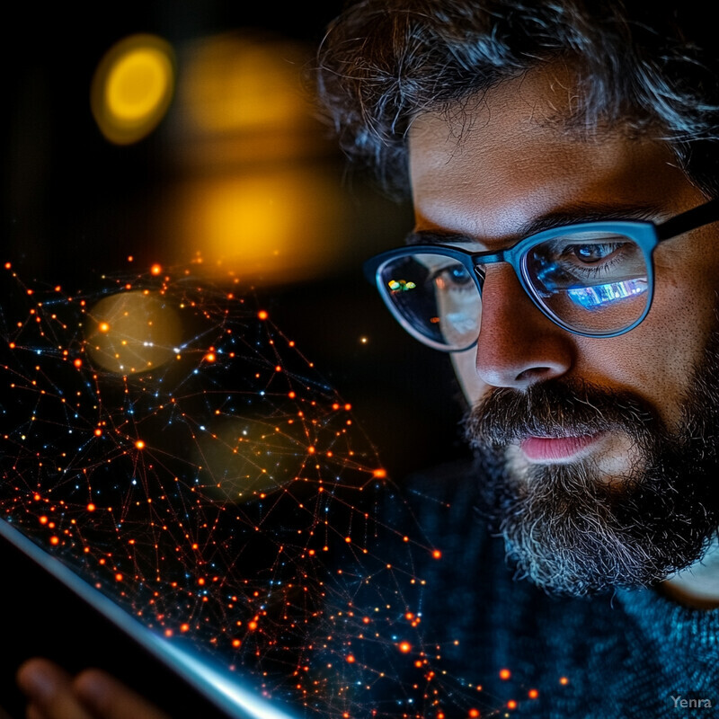 A man examines a tablet screen displaying a network diagram.