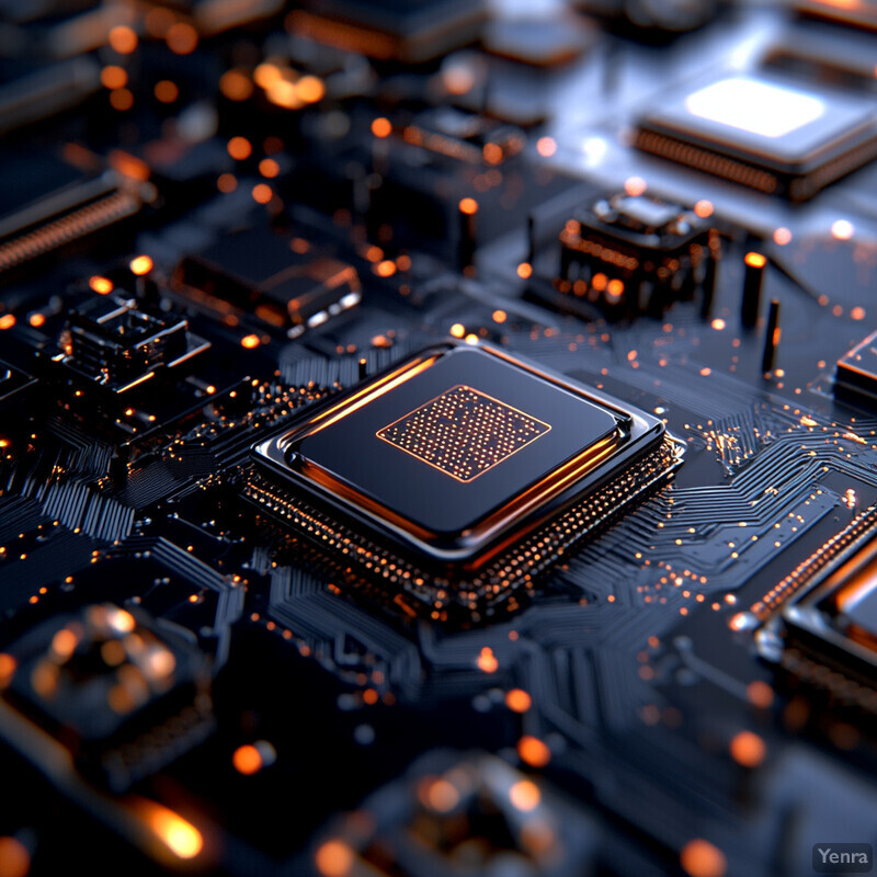 A detailed view of a computer chip and its associated components, highlighting their intricate design and layout.