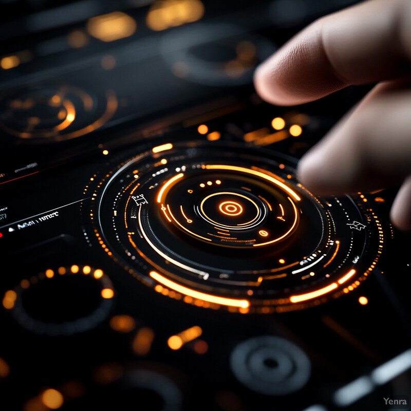 A close-up view of a DJ controller or turntable with a hand hovering over it to adjust settings, set against an atmospheric background.