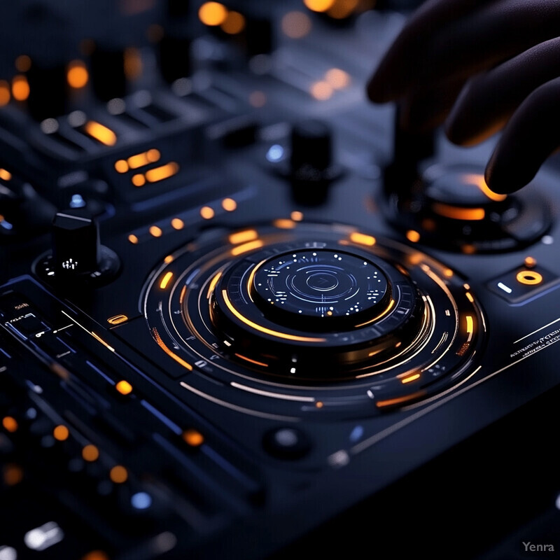 A DJ's hands expertly manipulate two turntables or CD players, with their fingers poised over the jog wheels and crossfader.