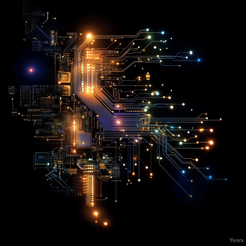 A complex network of interconnected components representing a neural network or computer system.