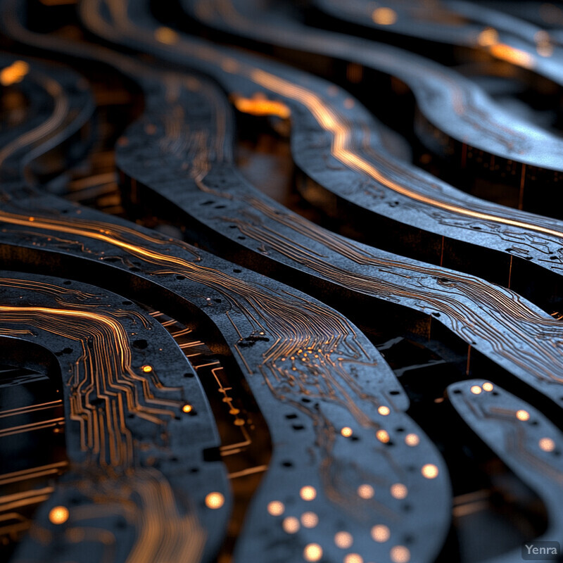 The image showcases a detailed, abstract depiction of neural network decoders, featuring layers of circuitry and glowing orange lines set against a dark gray background.