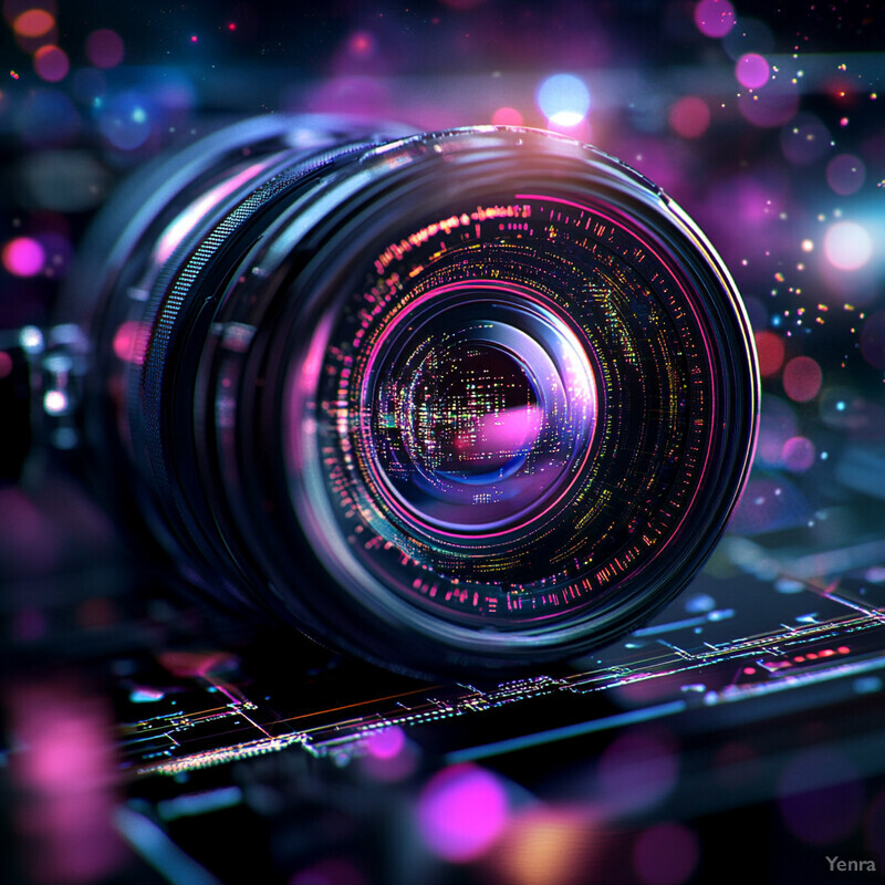 A close-up shot of a camera lens on a dark-colored surface.