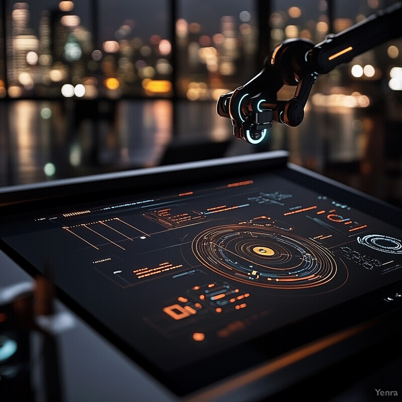 A robotic arm holds a tablet displaying complex graphics in front of a blurred cityscape.