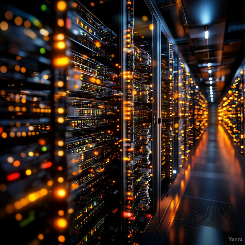 A vast server room with rows of servers and networking equipment.