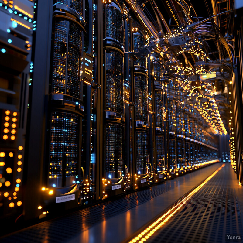 A large server room with multiple rows of servers stacked vertically and horizontally