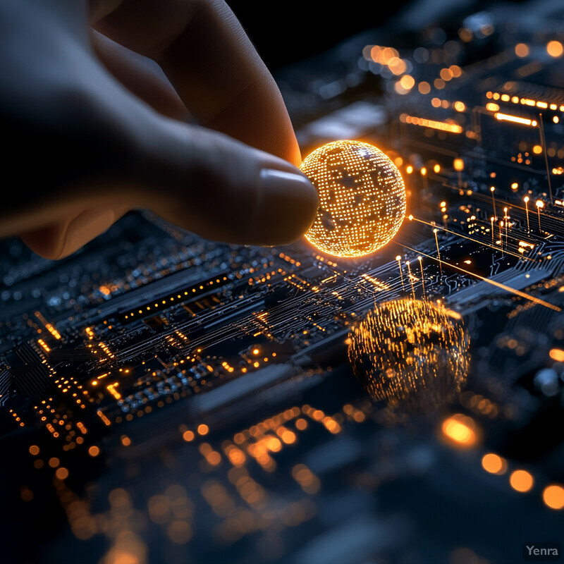 A person holds a glowing orange orb with intricate patterns in front of a dark blue background.