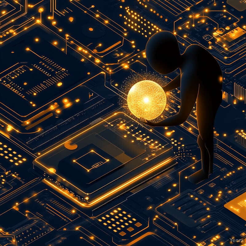 A person holding a glowing yellow orb amidst an intricate circuit board pattern.