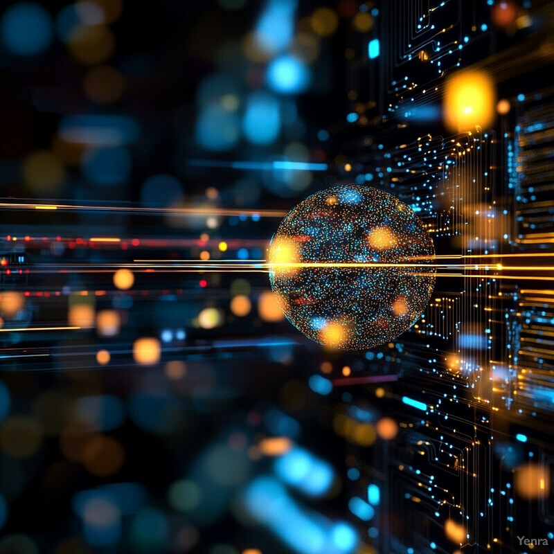 An abstract representation of artificial intelligence or machine learning, featuring a large sphere surrounded by smaller geometric shapes and a complex network of lines and circuits.