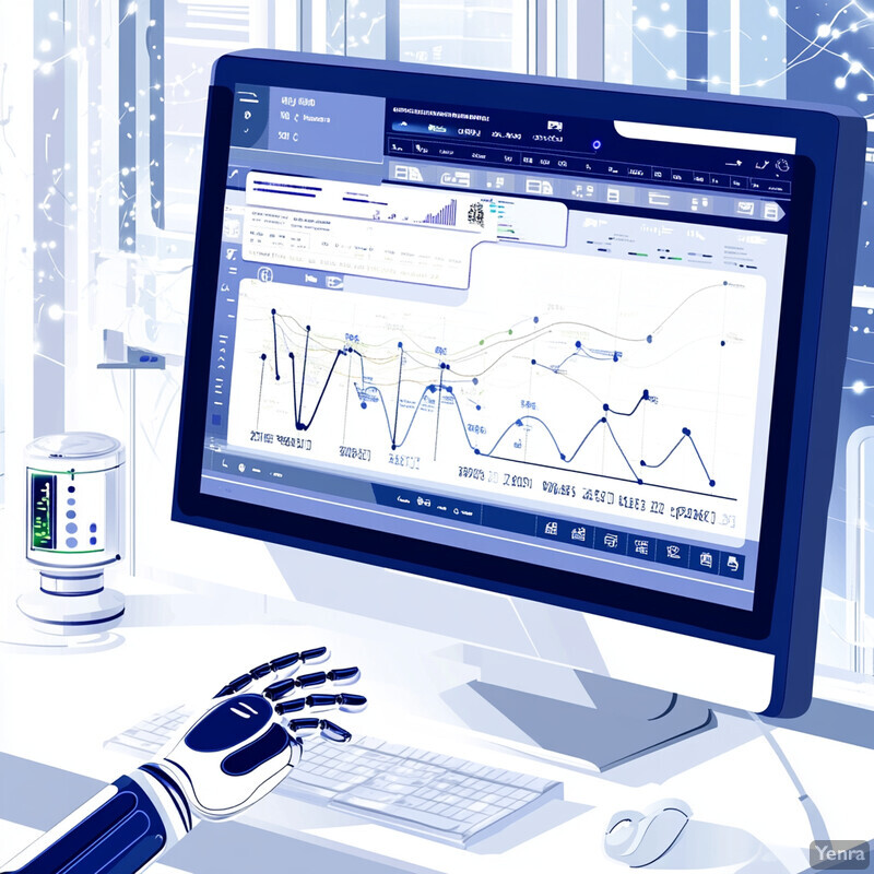 An office scene with a computer monitor displaying a graph and a robotic hand on the desk.