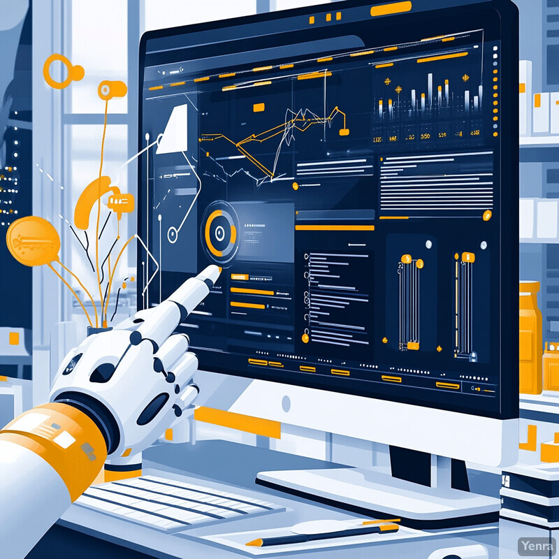 An automated price recommendation system is displayed on a computer monitor, with a robot arm interacting with the data.