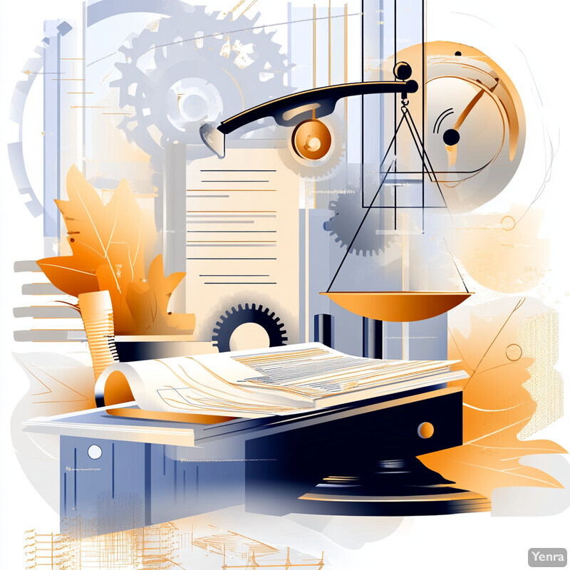 The image shows an office with various objects and tools, including a scale, papers, blueprint, and gears.