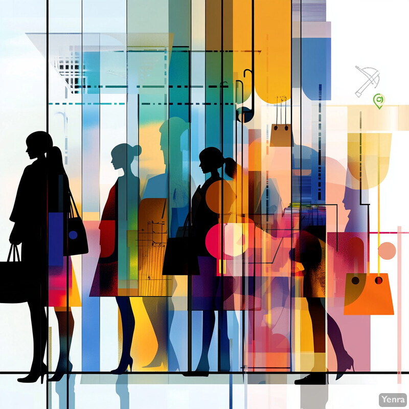 A group of people on their way to work stand in an elevator amidst abstract shapes and colors.