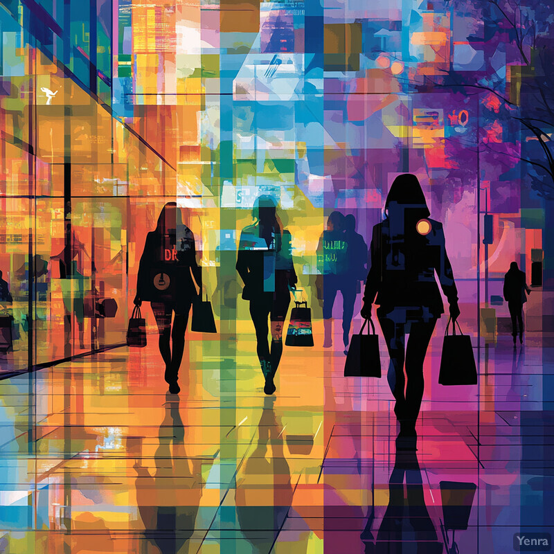 Three women walking in unison towards the left side of the frame, each carrying a shopping bag.