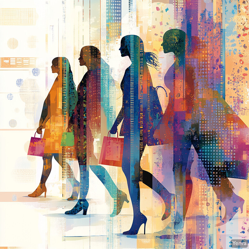 Four women walk in unison, each carrying a purse and wearing high heels.