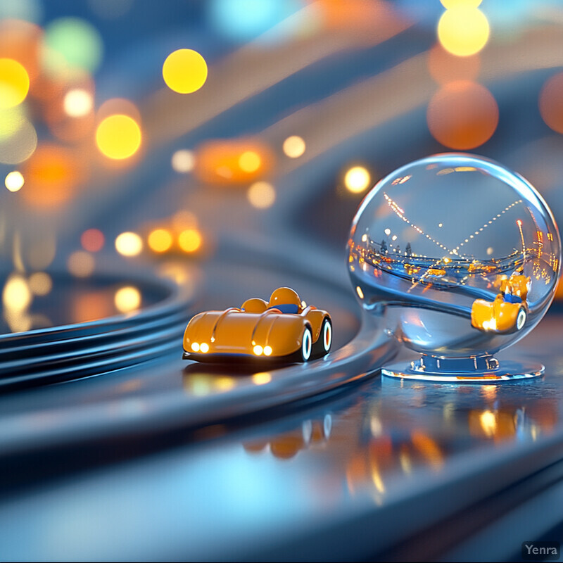 A miniature orange race car speeds through a winding track within a glass sphere.