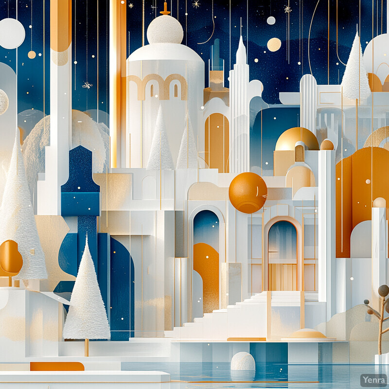 An abstract winter wonderland scene featuring white and gold structures set against a dark blue starry sky.