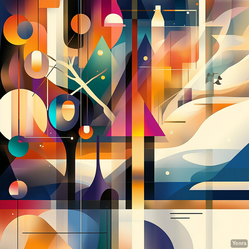 Abstract painting featuring a dynamic composition of shapes and lines in various colors.