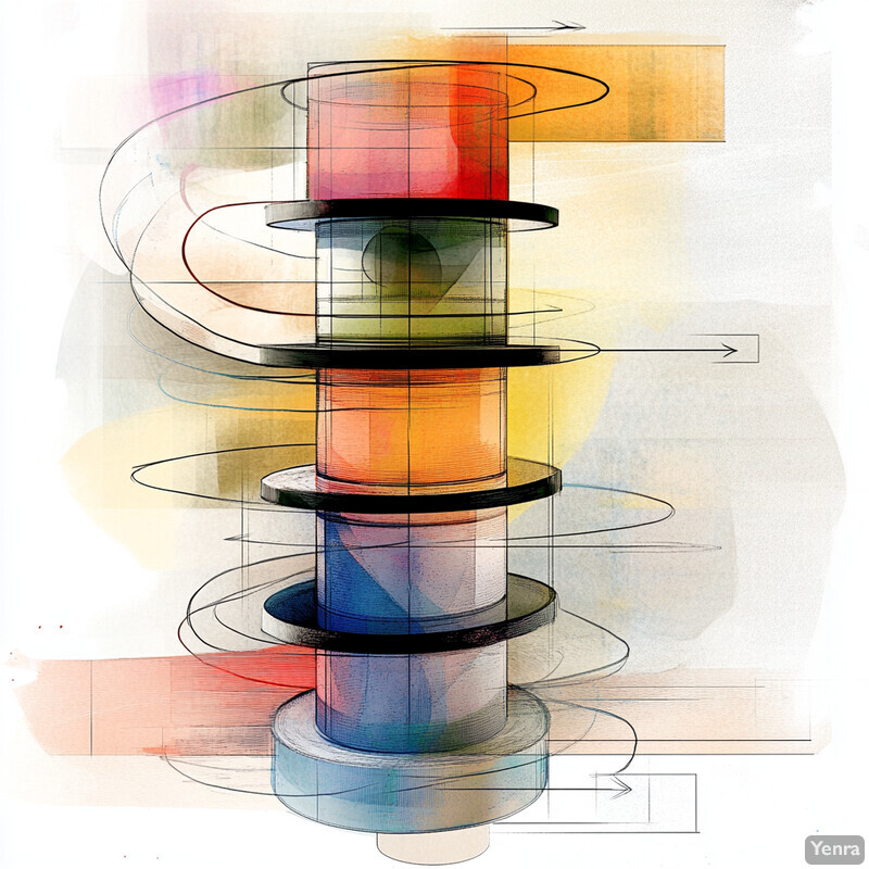 A dynamic and colorful abstract composition featuring a central cylindrical structure with multiple circular platforms.