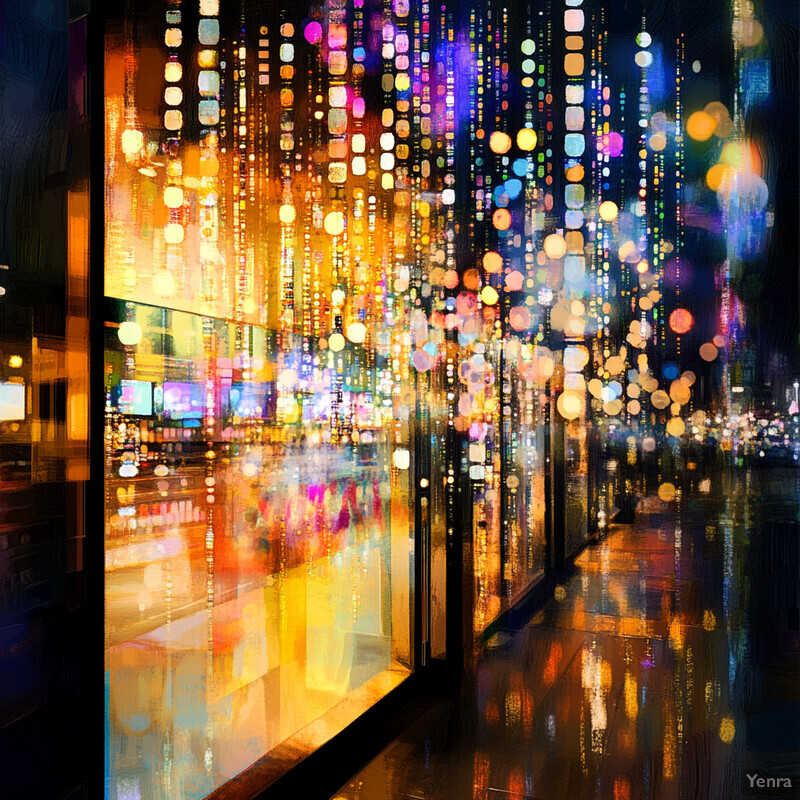 Abstract painting of a cityscape at night with vibrant colors and dynamic brushstrokes.