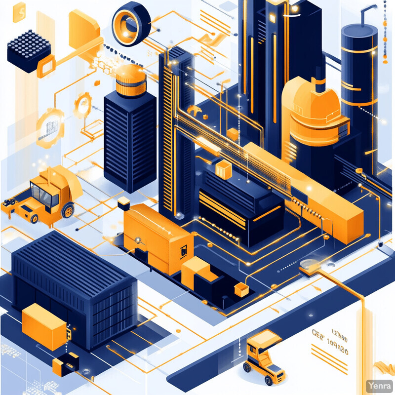 An isometric illustration of an industrial scene featuring various components and machinery in a futuristic and high-tech ambiance.