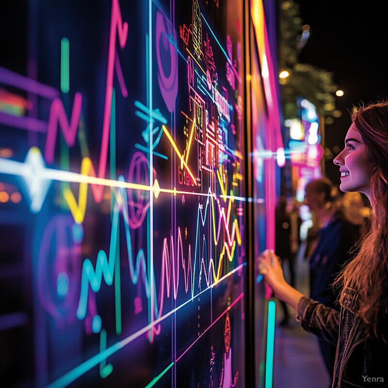 A woman interacts with a large screen displaying graphs and charts in a conference or exhibition setting.