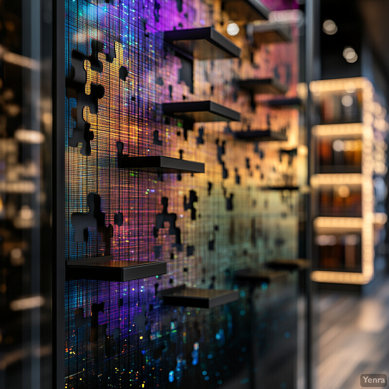 A colorful wall display with shelves and products in a store.