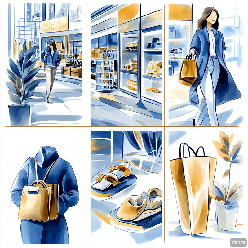 A watercolor painting of a woman walking down the street, wearing a blue coat and white pants, with a yellow purse.