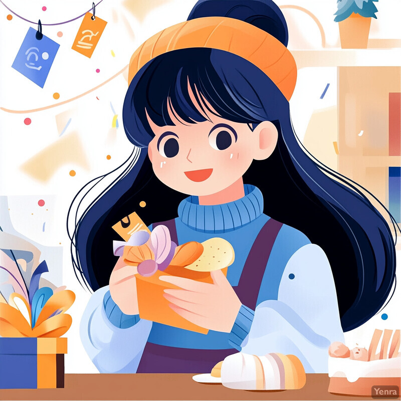 A young girl celebrating her birthday with a gift and pastries in a cozy living room or home office.