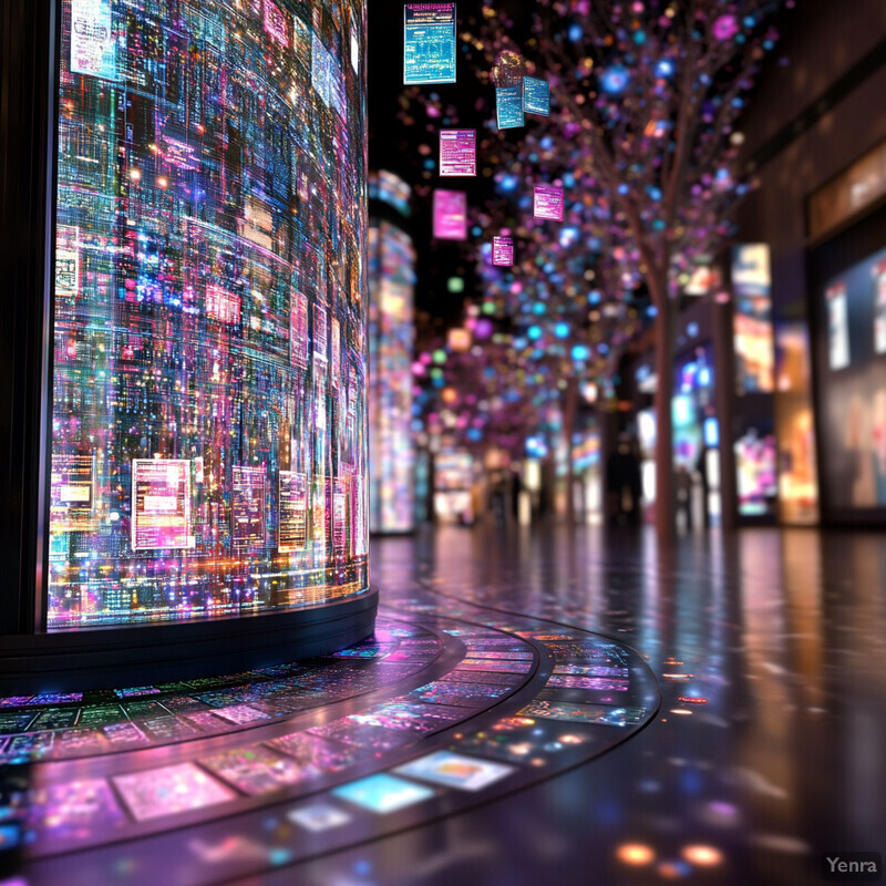 A futuristic display of digital information with a large curved screen and multicolored lights.