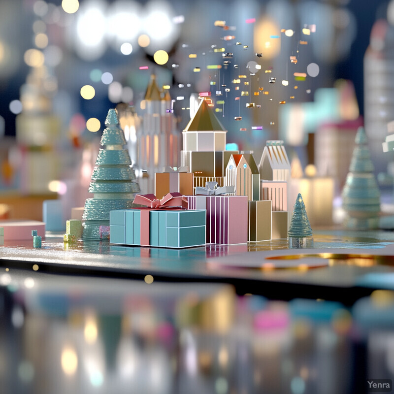 A festive holiday scene featuring colorful gifts and Christmas trees crafted from paper or cardboard.