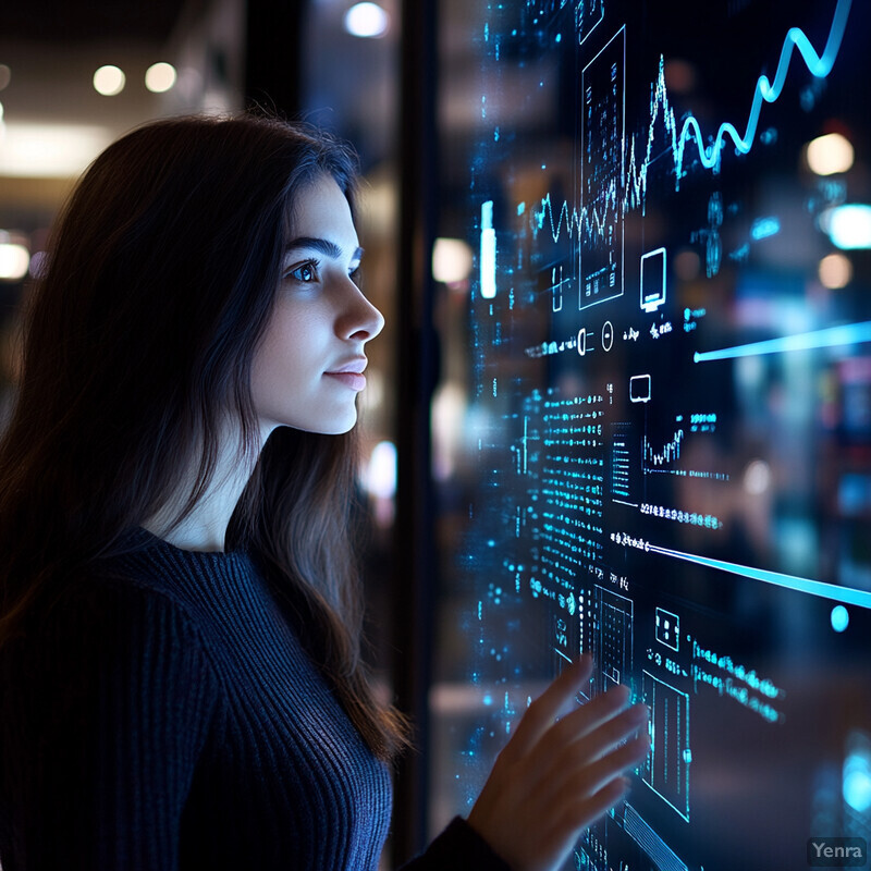 A woman stands in front of a large screen displaying various graphs and charts, possibly analyzing data or working on a project related to business or finance.