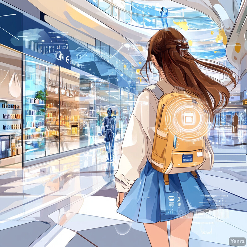 A young woman with long brown hair and a white shirt walks through a shopping mall or similar indoor space.