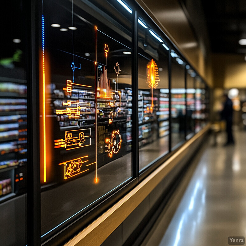 An illuminated wall with various symbols and icons in orange, yellow, blue, and white colors.