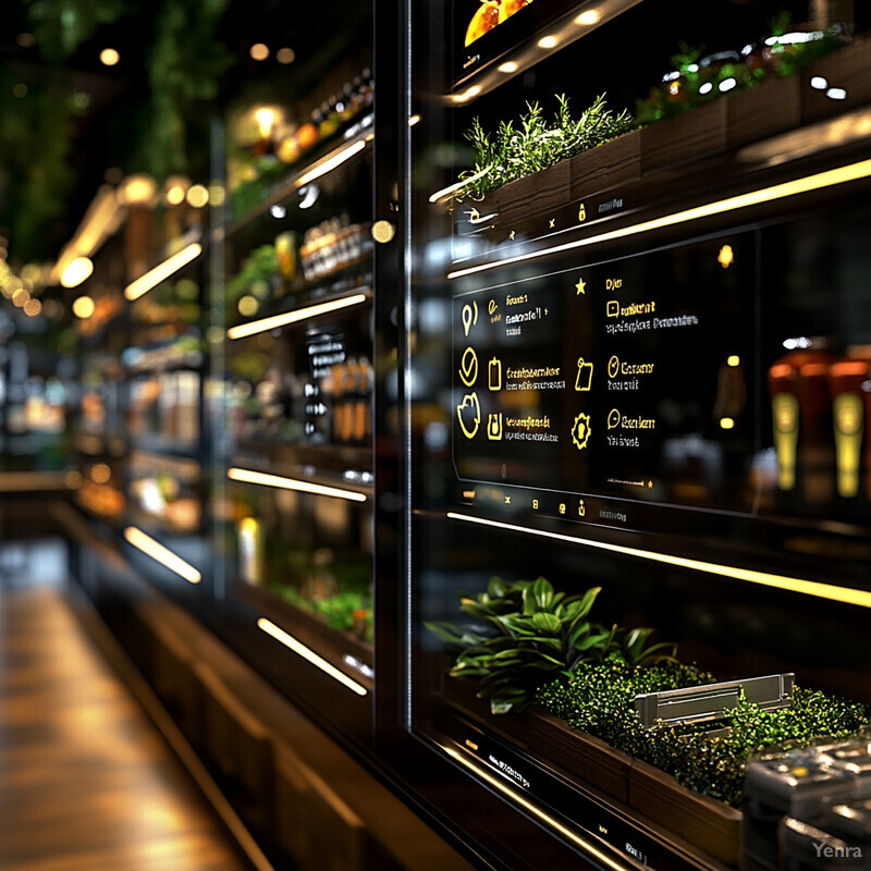 A large, black-framed display with a screen displaying various icons and text in a modern and sleek store or retail environment.