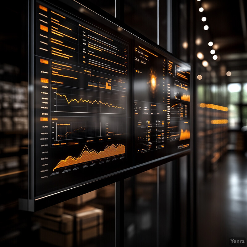 A large screen displaying various graphs and charts in an office setting.