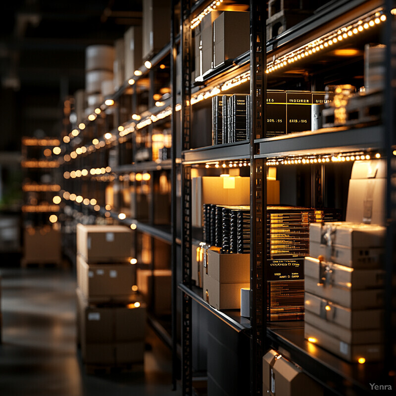 A dimly lit warehouse with rows of shelves stacked high with boxes and other items.