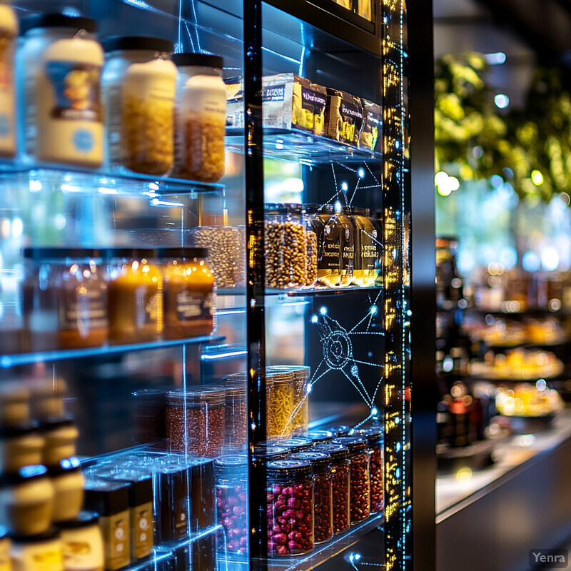 A glass display case filled with various jars and containers of food items in a grocery store or deli setting.