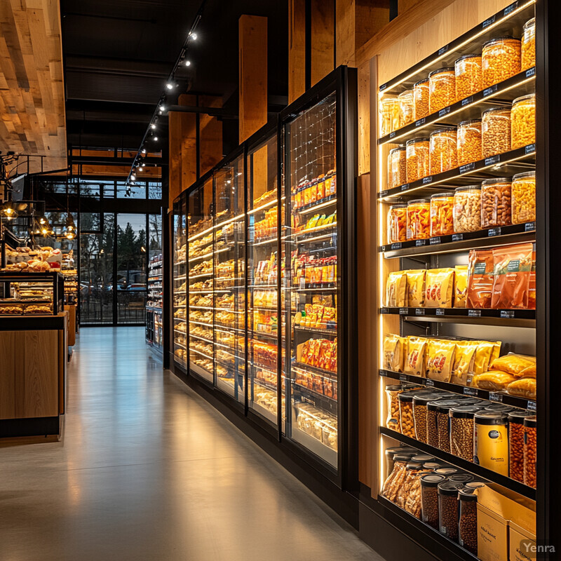 A well-organized and inviting grocery store with natural lighting, featuring wooden planks, glass display cases, polished concrete floor, black metal beams, and a balcony.