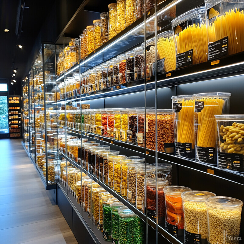 A large store with modern design, stocked with various food items.