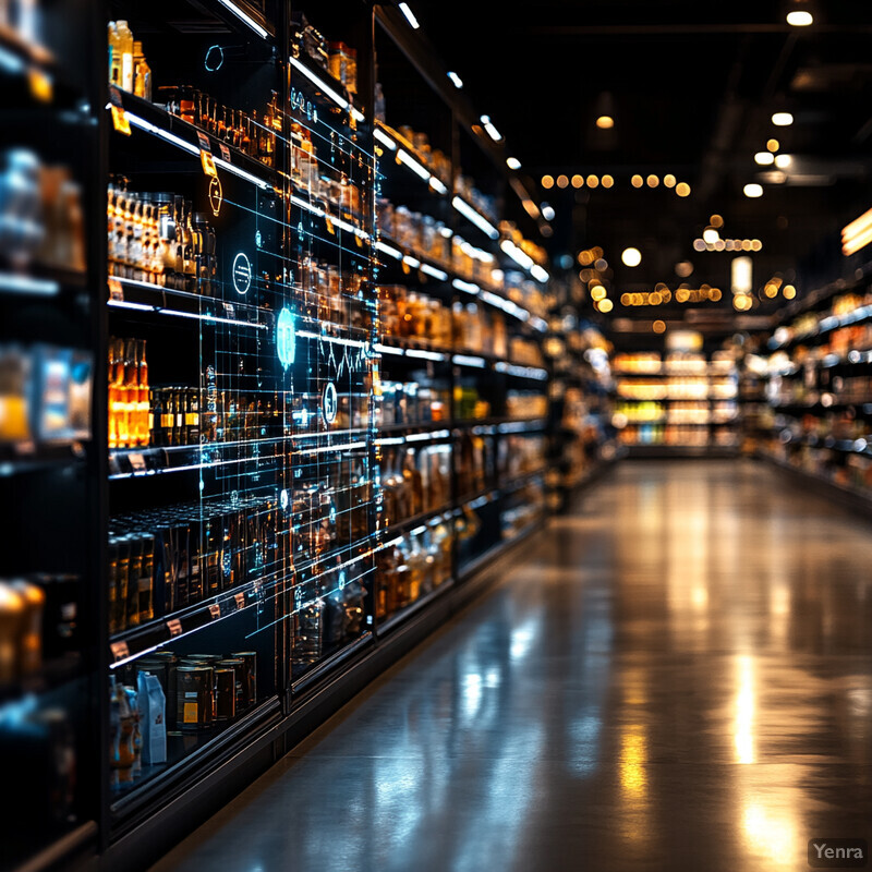 An aisle in a grocery store or supermarket, characterized by its dark color scheme and numerous shelves stocked with various products.