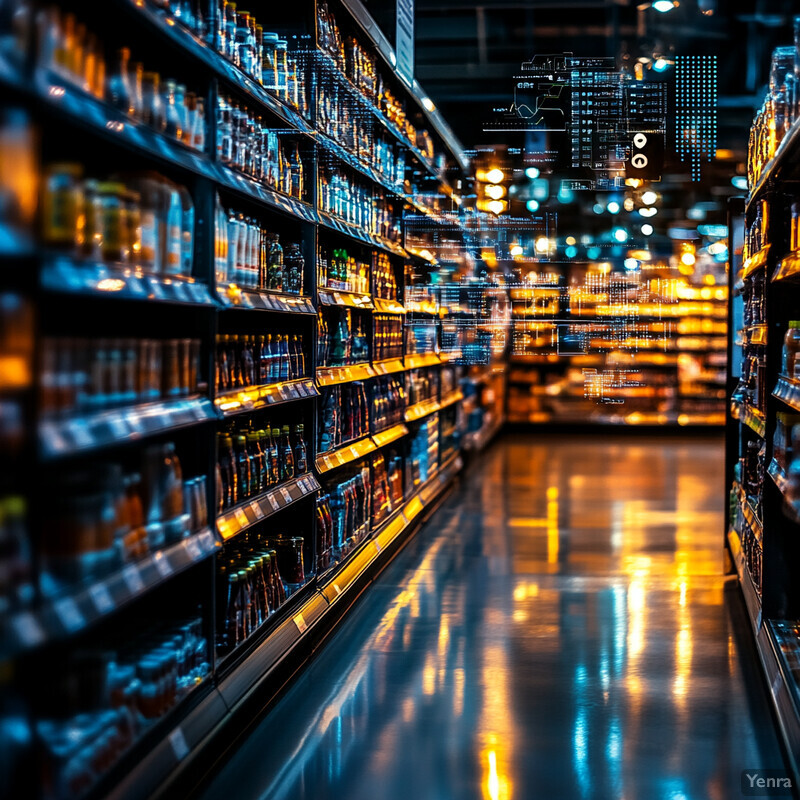 An empty grocery store aisle with well-lit shelving units stocked with various products.