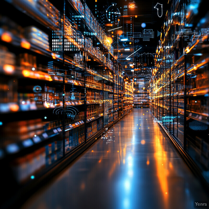 A futuristic warehouse with rows of shelves stocked with products, illuminated by bright blue and orange lights.