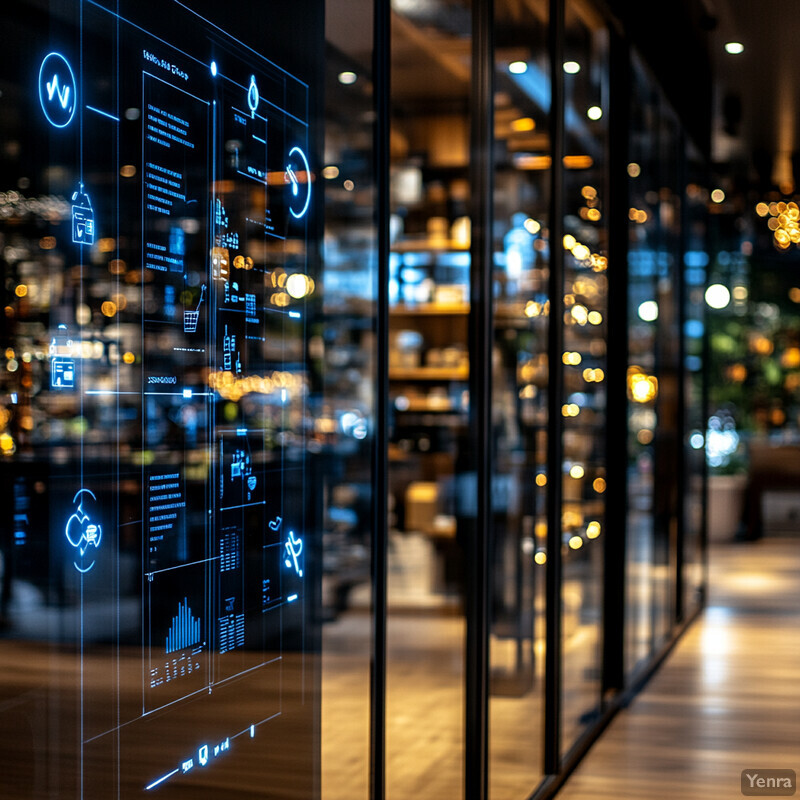 A modern retail space featuring a large screen for digital product placement and traditional shelves for physical interaction.