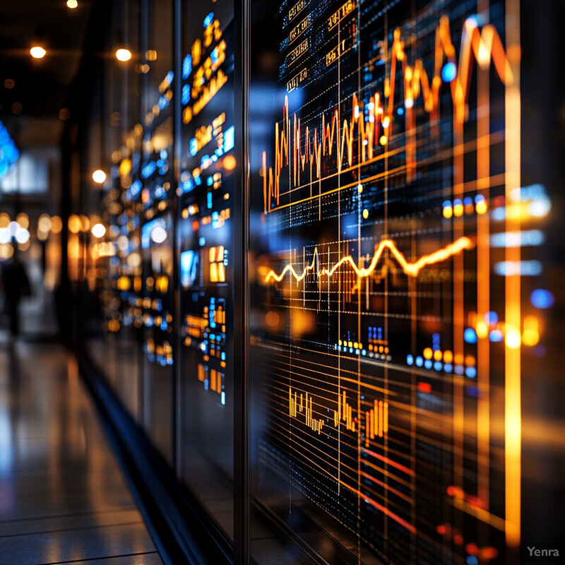 A photograph of a large screen displaying stock market data in an office setting.