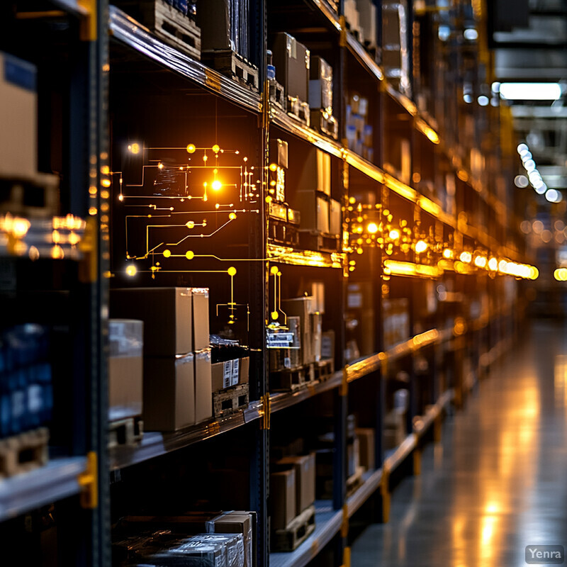 A warehouse with rows of shelves stocked with boxes and packages.