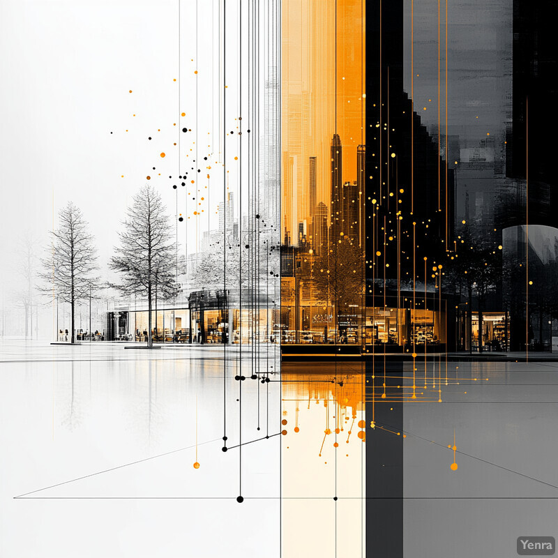 An abstract composition featuring geometric shapes and lines in various shades of orange, black, and white.