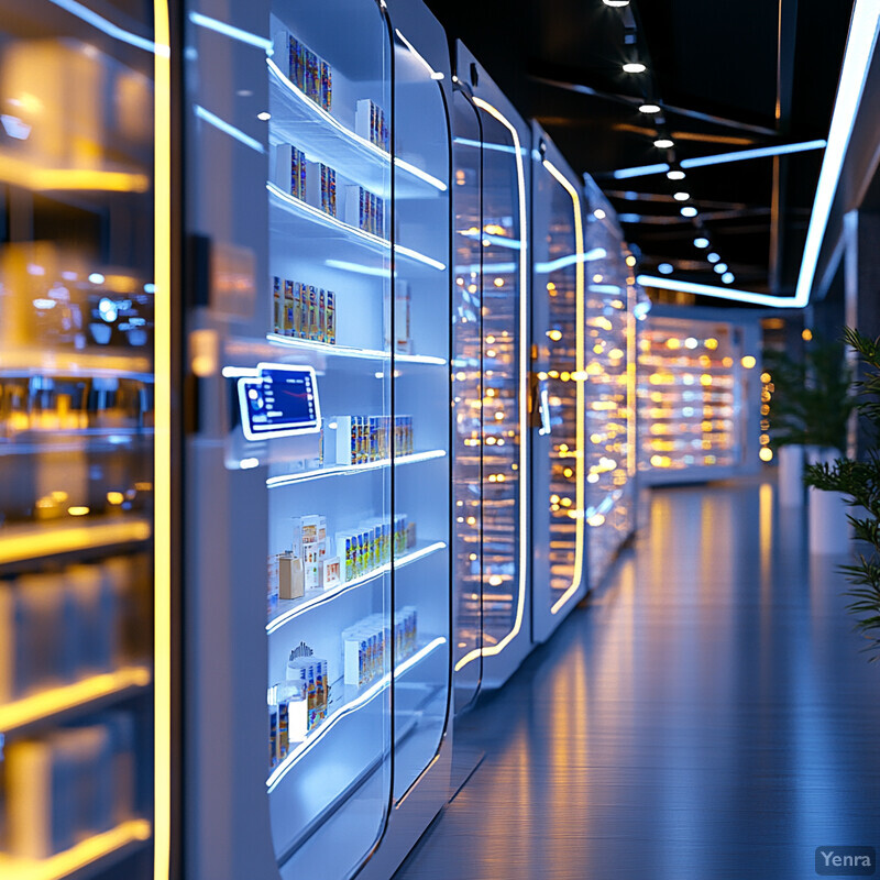 A modern store with bright lights and clear signage, featuring shelves stacked high with products and cabinets with glass doors.